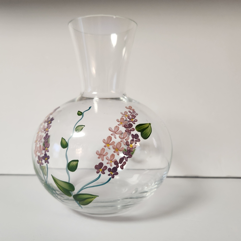 Floral Glass Vase with Purple and Green Design
